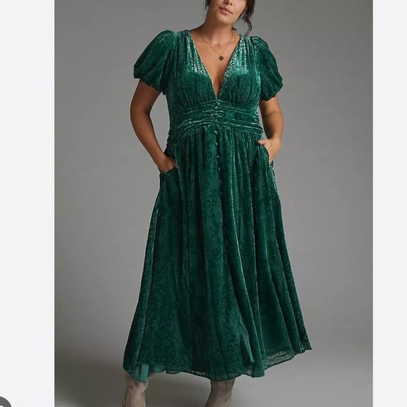 Anthropologie Puff Sleeve Burnout Velvet Maxi Dress Size 14 Whimsigoth Ethereal - Picture 3 of 11